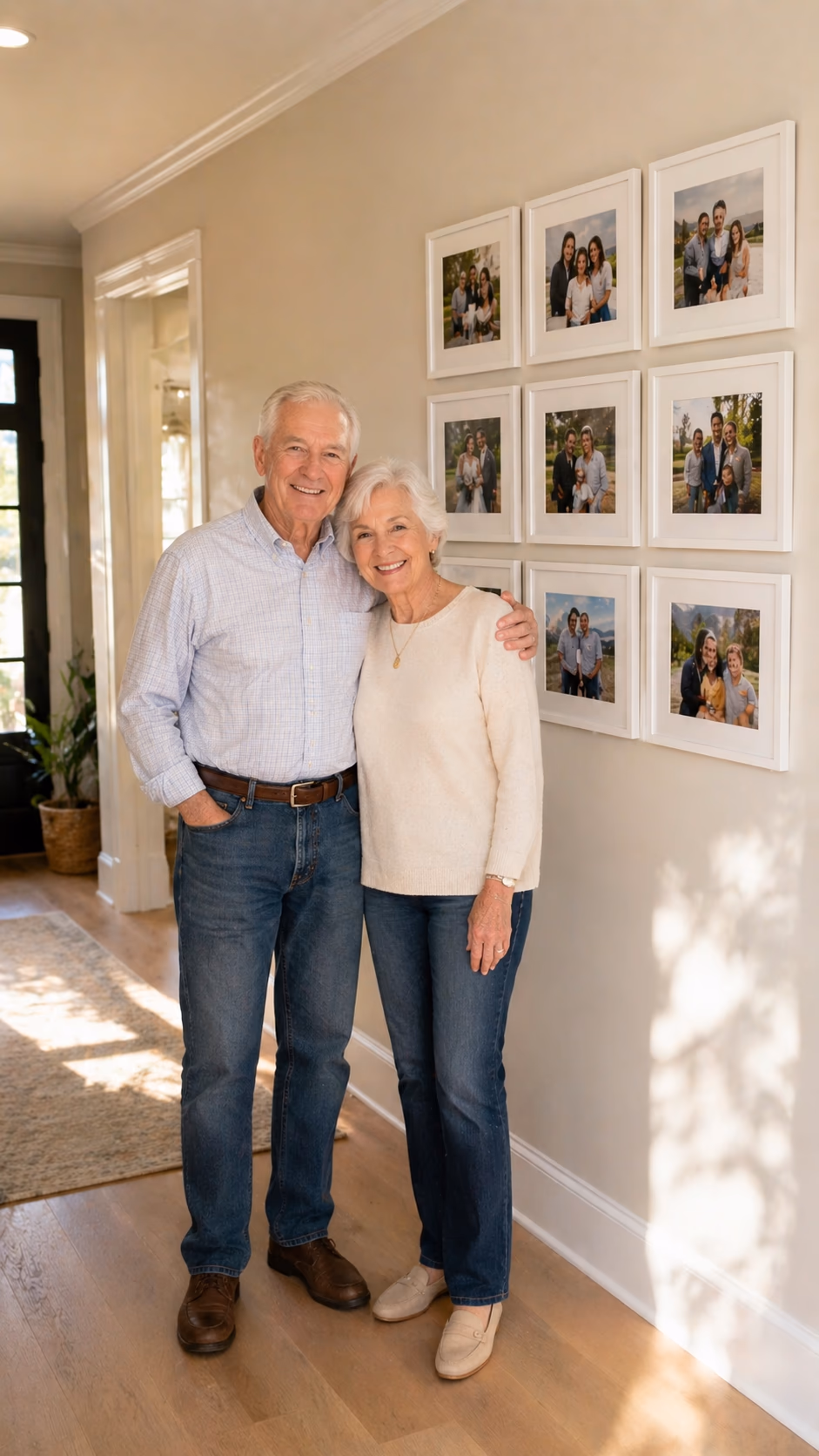 Framed photo tiles in living room